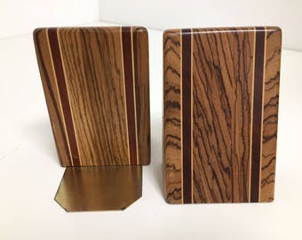 Pair of mid century inlaid exotic wood bookends