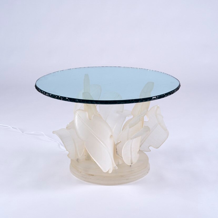 Vintage Hollywood Glam Lucite And Glass Leaf Coffee Table Vintage Hollywood Glam Lucite And Glass, Blue Leaf Glass Top Coffee Table