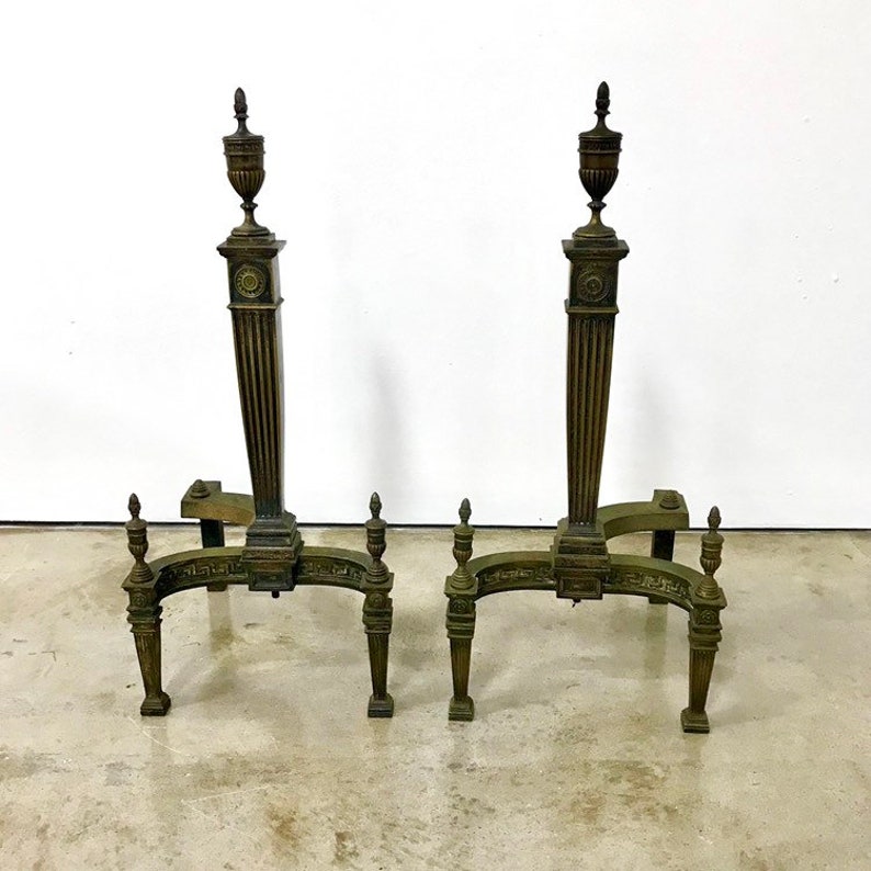 Pair of large antique brass Federal style andirons image 1
