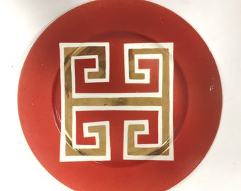 Vintage red plate with gold greek key by Waylande Gregory