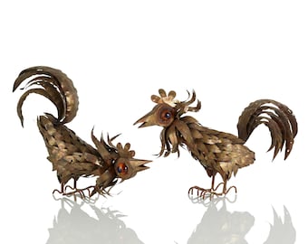 Pair of copper and brass welded brutalist sculptures of roosters attributed to Curtis Jere