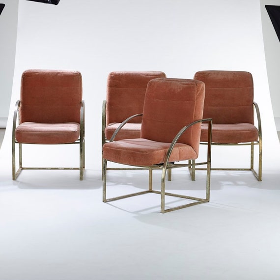Set of four brass upholstered Milo Baughman for Thayer Coggin chairs Set of four brass upholstered Milo Baughman for Thayer Coggin chairs