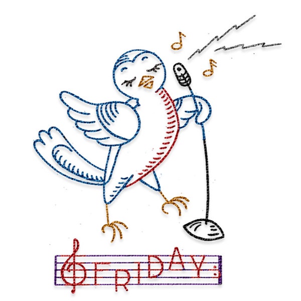 IVCC578 Broadcasting Birds Singing Day of the Week DOW Vintage Embroidery Transfer PDF Instant Download!