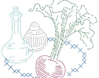 IVLW839 Plats et légumes pour torchons vintage Broderie Transfert PDF Téléchargement instantané Laura Wheeler