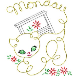 IVAB7541 Kitty Coil Designs for Day of the Week Tea Towels Vintage Embroidery Transfer PDF Instant Download!
