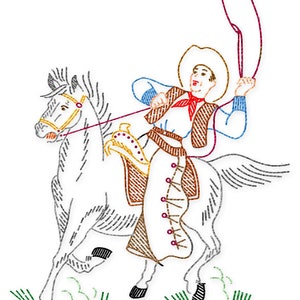 IVAB7110 Wild West Cowboy Cowgirl Horses Bronco Tea Towel Designs Vintage Embroidery Transfer PDF Instant Download!