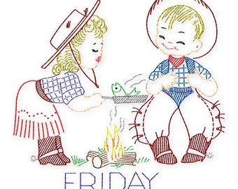IVAB7305 Lil Cowboy & Cowgirl DOW Tea Towel Designs Vintage Embroidery Transfer PDF Instant Download!
