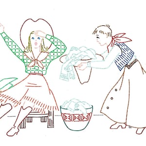 IVAB6372 Silly Western Cowboy Cowgirl Couple Tea Towel Designs Vintage Embroidery Transfer PDF Instant Download!