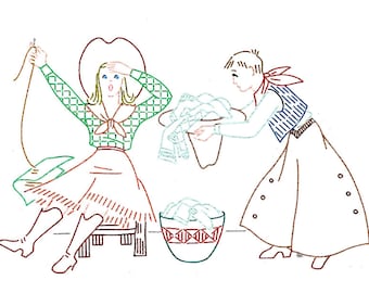IVAB6372 Silly Western Cowboy Cowgirl Couple Tea Towel Designs Vintage Embroidery Transfer PDF Instant Download!