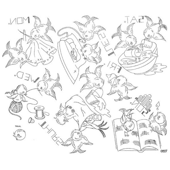 IVAB7280 Singing Bluebirds Day of the Week Vintage Embroidery