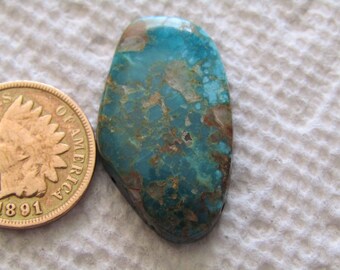 May include: A turquoise cabochon with a blue-green color and brown and white matrix. The stone is oval shaped and has a smooth, polished surface.