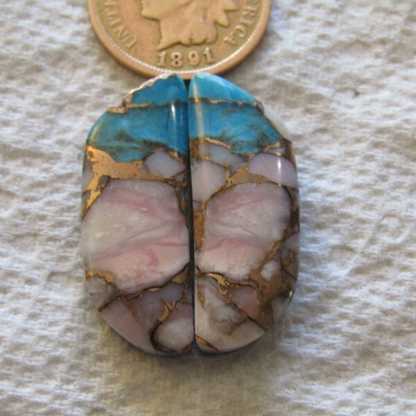 2 Blue Mojave Turquoise Peruvian Pink Opal Cabs 26 carat Gold Bronze Matrix American Arizona Kingman Cabochons Matching Set