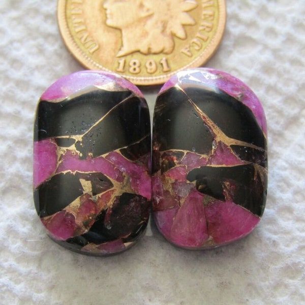 2 Pink Calcite with Obsidian Cabs 25 carats Matching Set American Pink Gold Bronze Dyed Cabochon