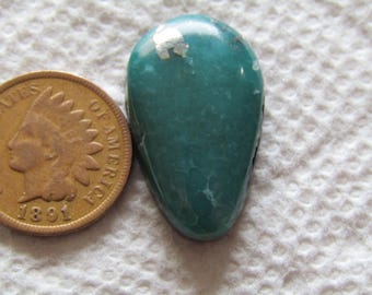 May include: A teal-colored, teardrop-shaped gemstone with a cracked surface, next to an 1891 Indian Head penny. The gemstone has a glossy finish and appears to have silver flecks. The penny is bronze and shows the profile of a Native American.