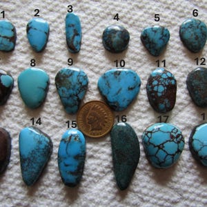 Pode incluir: Dezoito cabochões de turquesa polidos dispostos em três filas, numerados de um a dezoito. Cada pedra exibe tons únicos de azul e verde com padrões de matriz castanho-escuro. Uma moeda de cor cobre está colocada entre as pedras nove e dez.