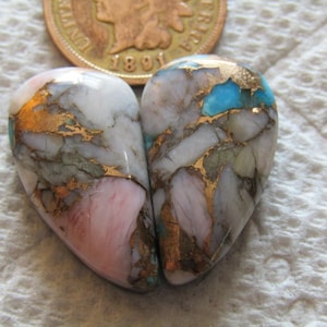 2 Blue Mojave Turquoise Peruvian Pink Opal Cabs 28 carat Gold Bronze Matrix American Arizona Kingman Cabochons Matching Set
