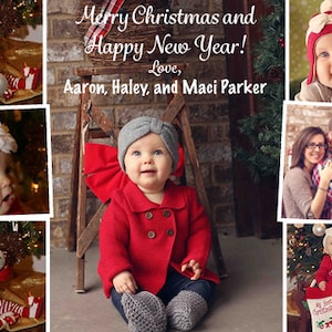 May include: A collage of photos featuring four babies dressed in red and white holiday outfits. The photos are arranged in a grid with a Christmas greeting at the top. The greeting reads "Merry Christmas and Happy New Year! Love, Aaron, Haley, and Maci Parker."