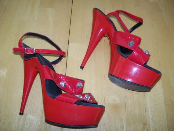 Vintage 1990's Red Leather Shoes Stacked Platform