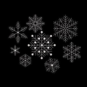以下が含まれることがあります： 黒い背景に白い雪の結晶のデザインが8つあります。雪の結晶はさまざまなサイズで、異なるパターンを持っています。