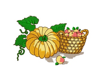 Autumn Pumpkin and Basket with Ripe Apples - Machine Embroidery Design