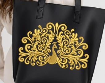 Peacock with Ornate Baroque Scrollwork Damask Flourishes Machine Embroidery Design