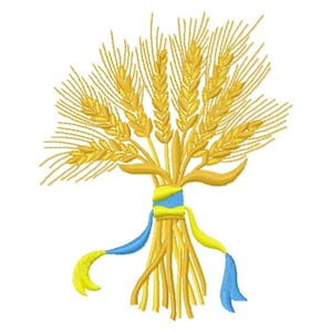 Pode incluir: Desenho bordado de um feixe de trigo em tons de ouro e amarelo, amarrado com fitas azuis e amarelas. O desenho apresenta pontos detalhados, criando uma aparência texturizada. A imagem está em um fundo branco.