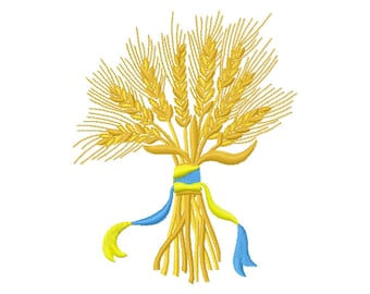 Sheaf of Golden Wheat Ears Tied with Yellow and Blue Ribbon - Machine Embroidery Design