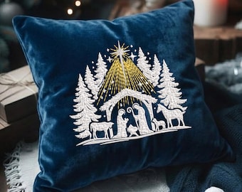Woodland Nativity Machine Embroidery Design | Christmas Manger Scene with Trees | Holy Family Silhouette-6 sizes