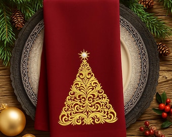 Luxurious Christmas Tree Machine Embroidery Design – Golden Swirls – Holiday Home Decor
