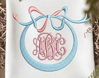 Bow Circle Frame Machine Embroidery Design, Round Monogram Frame-7 sizes