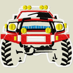 May include: Red and white front view of a cartoon off-road vehicle with black tires and yellow headlights.
