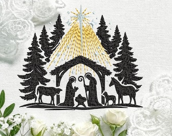 Nativity Silhouette Embroidery Design | Christmas Stable Scene | Holy Family & Animals | Star Burst- 6 sizes