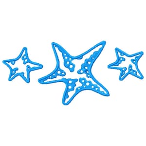 May include: Three blue starfish with a white outline, arranged in a row.