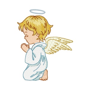 Puede incluir: Una ilustración de dibujos animados de un ángel arrodillado con cabello rubio, un halo y alas. El ángel lleva una túnica azul claro y tiene las manos juntas en oración.