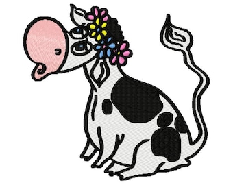 Dreamy Cow Sitting on Flower Meadow Machine Embroidery Design