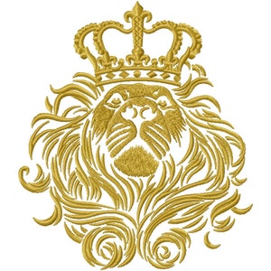 May include: A gold lion's head with a crown on top. The lion's mane is detailed with intricate swirls and curls.
