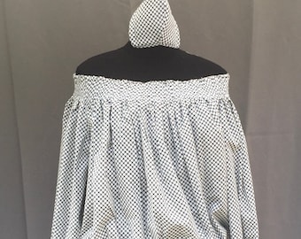 Black and white smock blouse with matching mask - bare shoulder blouse - black and white cotton blouse - black and white check blouse.