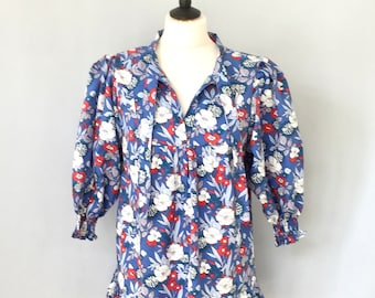 Blue, white and red floral prints blouse