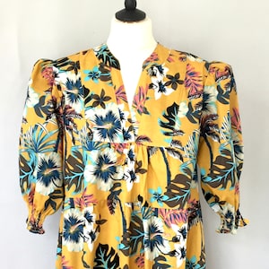 Yellow palm tree prints dress - Tropical floral dress - balloon sleeves dress - Hand made - Made in France