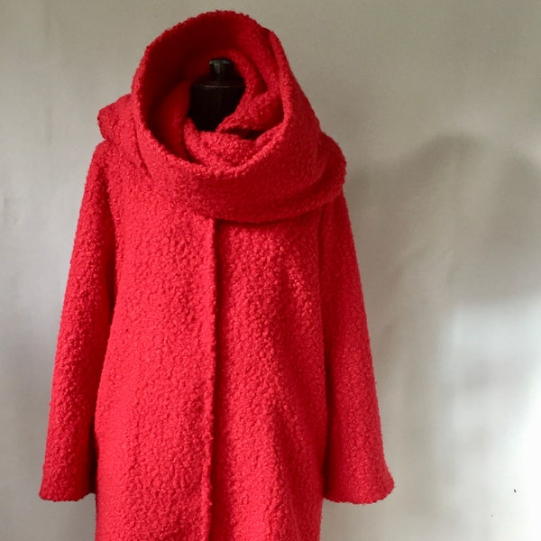 Manteau rouge - manteau rouge vermillon - manteau à col amovible - Fait main - Made in France