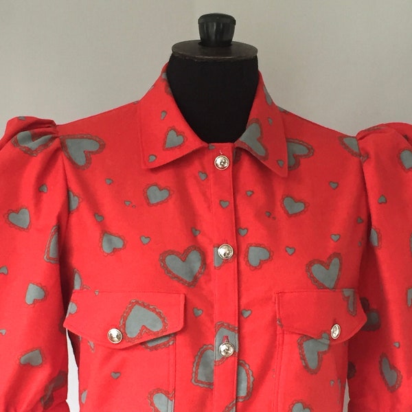 Red and grey woman shirt - hearts patterned blouse - Valentine blouse - Hand made - Made in France