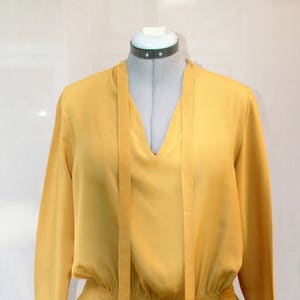 Mustard yellow smock crepe fabric blouse Yellow crepe fabric tunic tie neckline blouse Hand made Made in France image 1