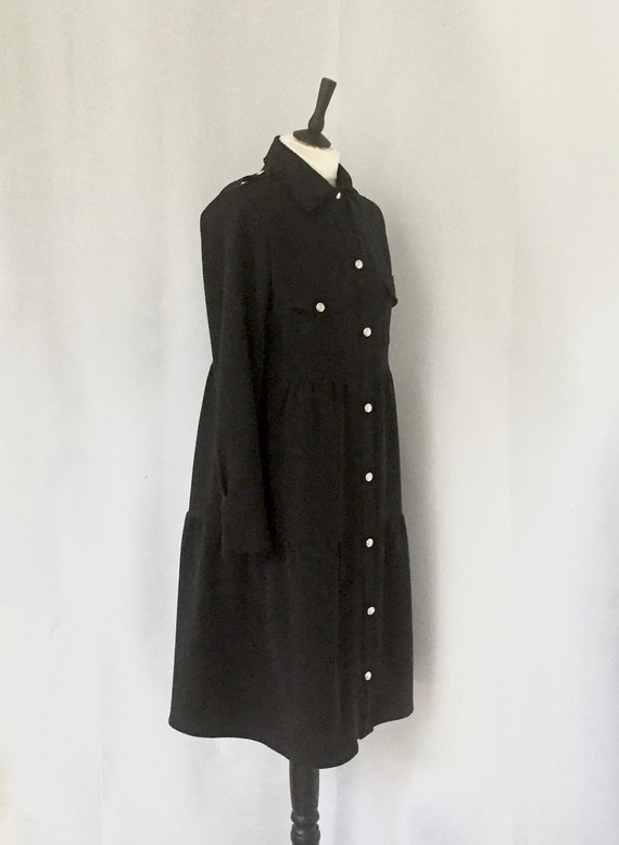 black dress with silver buttons 1960s MOD Little Black Dress with Crystal Buttons and 'Peplum' Skirt
