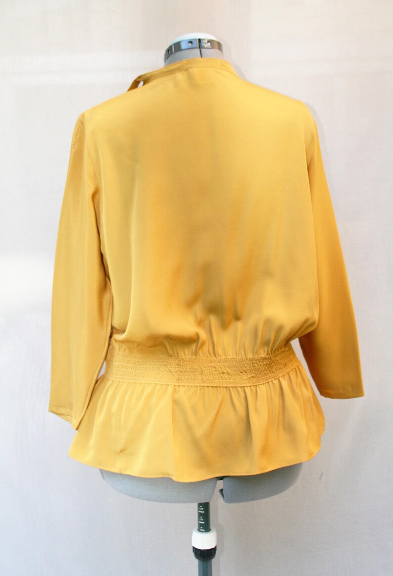 Mustard yellow smock crepe fabric blouse Yellow crepe fabric tunic tie neckline blouse Hand made Made in France image 4