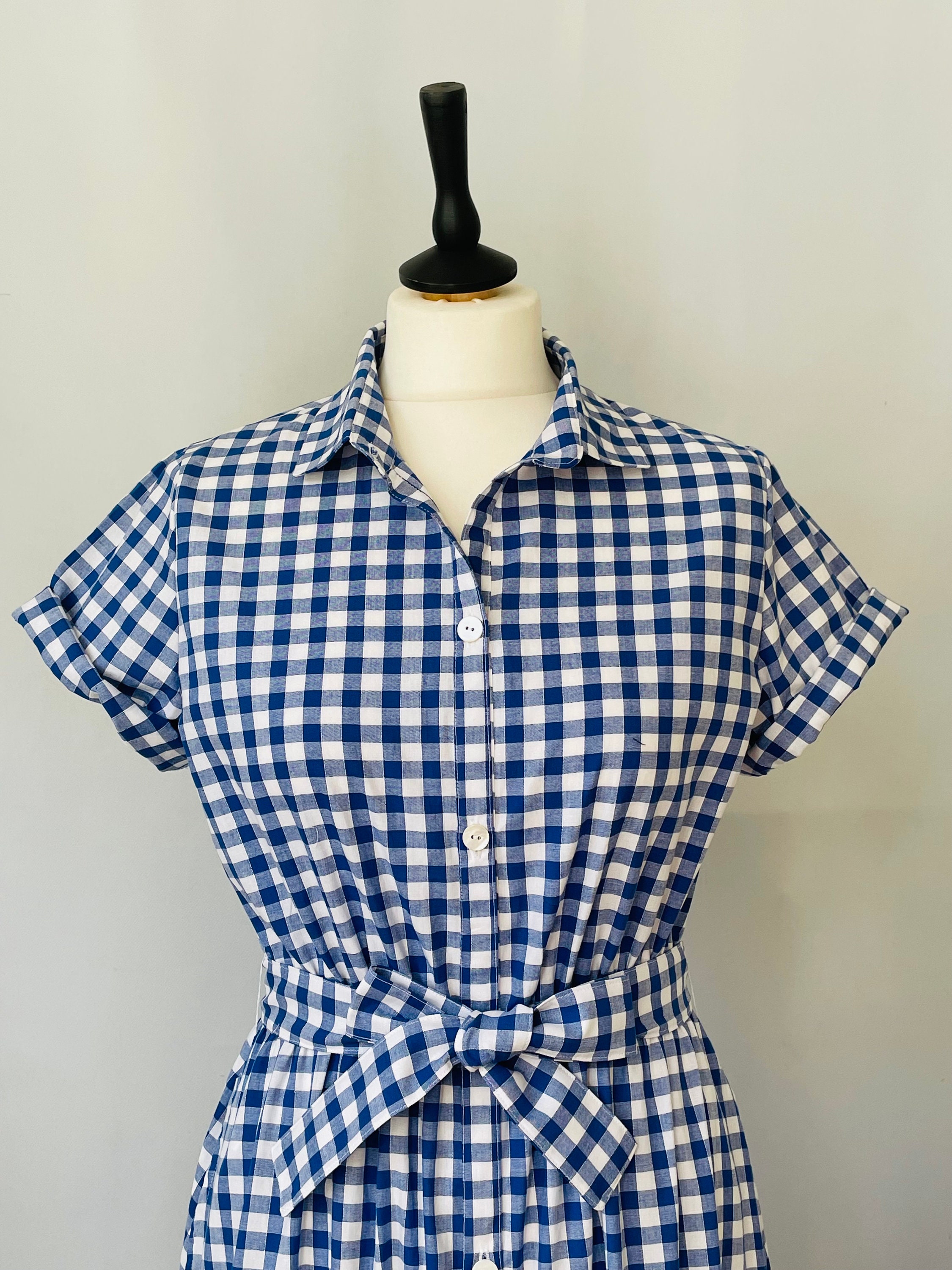 blue and white gingham dress