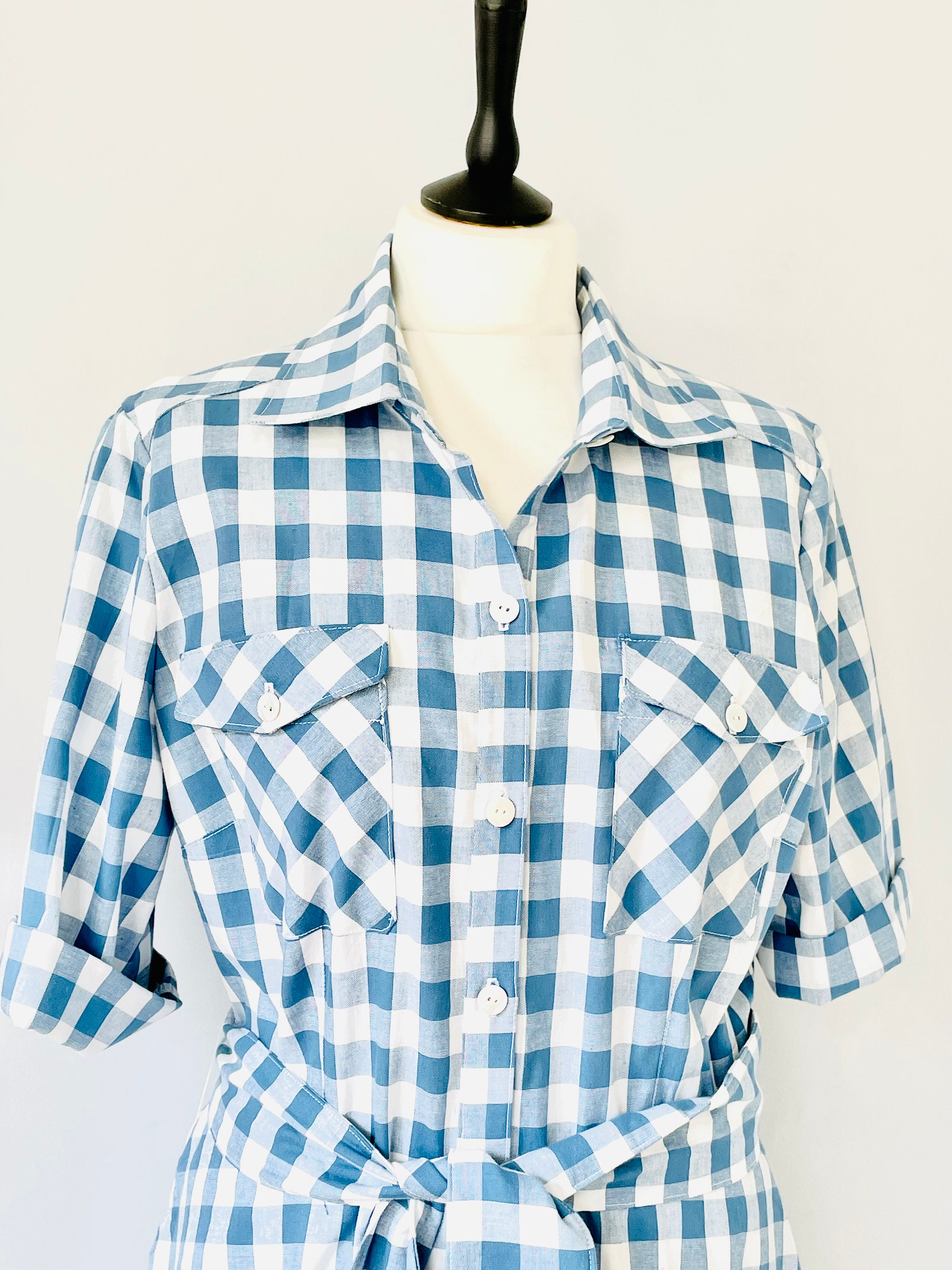 Blue gingham shirt dress
