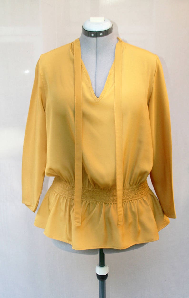 Mustard yellow smock crepe fabric blouse Yellow crepe fabric tunic tie neckline blouse Hand made Made in France image 1