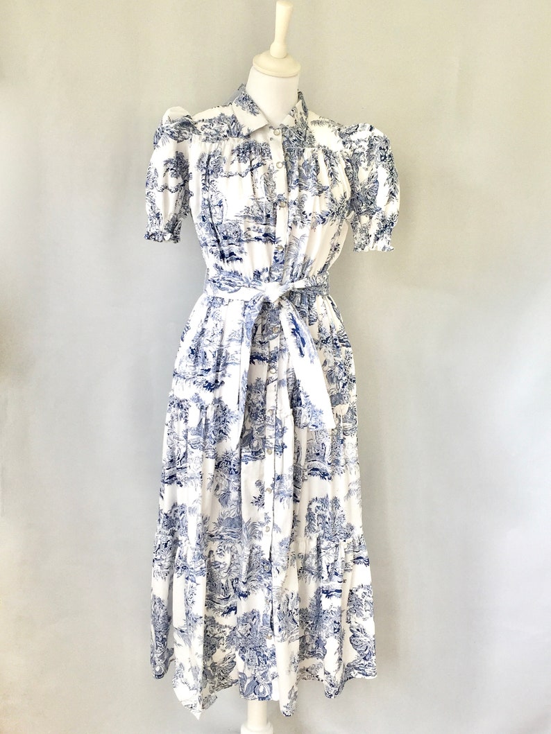 Robe midi en toile de jouy bleu marine et blanc Etsy France
