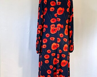 Navy blue and red floral dress.