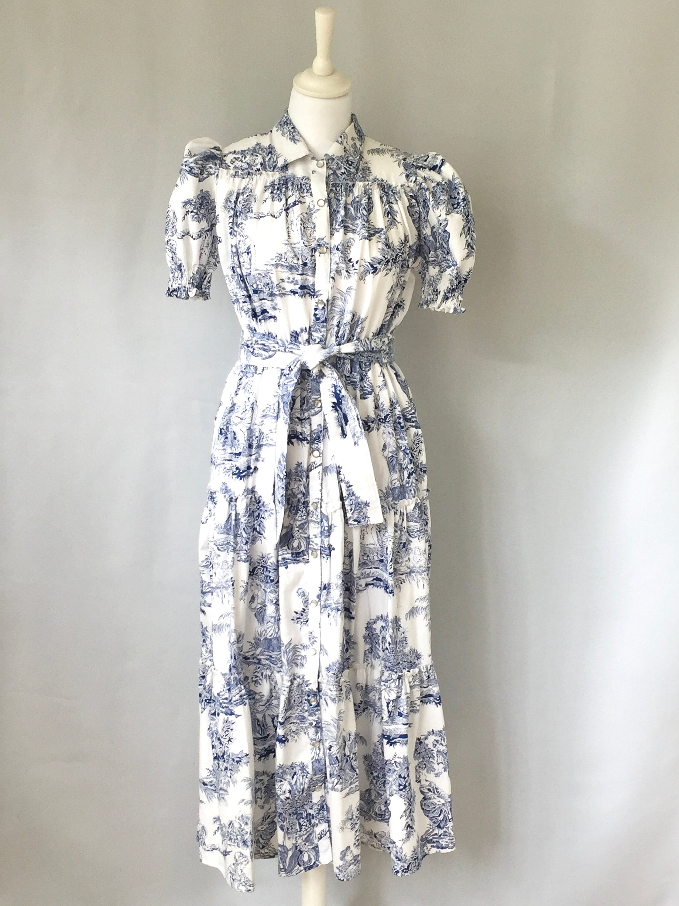 Robe midi en toile de jouy bleu marine et blanc Etsy France